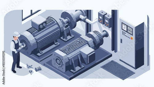 Isometric flat style, faceless engineer, no outline. Technician repairing elevator motor system in a mechanical room