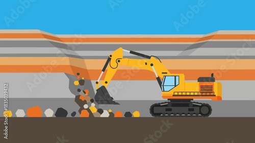 Excavator at Work Flat Illustration of Industrial Excavation Site