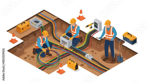 Isometric illustration of three faceless utility workers repairing underground fiber-optic cables inside an open excavation pit, wearing safety helmets, reflective vests, and work boots