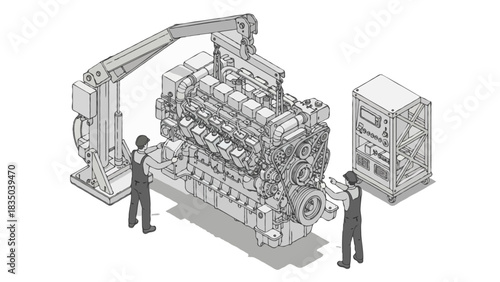 Isometric illustration of two faceless mechanics inspecting a large industrial engine suspended by a hydraulic engine hoist
