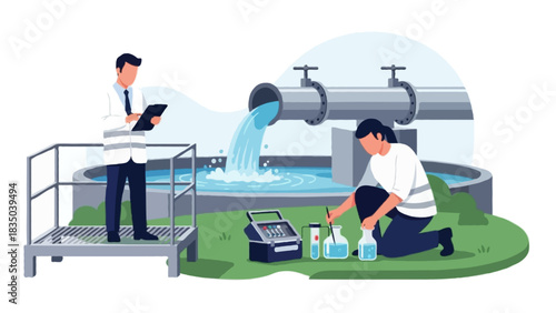 Flat vector illustration of two faceless environmental engineers inspecting water quality at an industrial discharge area