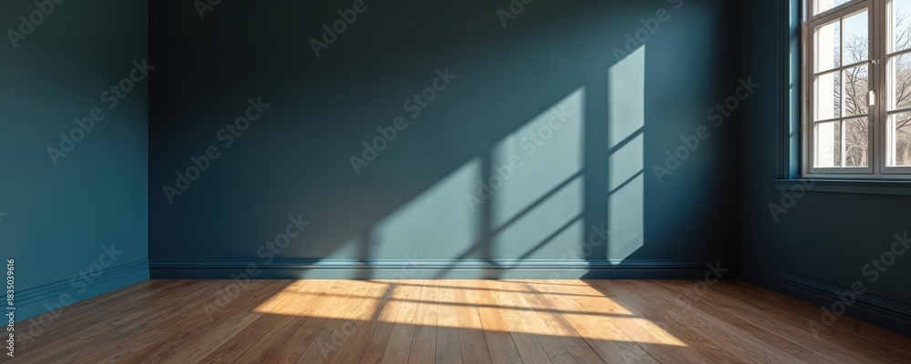 Obraz premium Interior of an empty room with dark teal walls and wooden floors. Sunlight streams through the window casting geometric shadows on the wall and floor, creating a tranquil atmosphere.