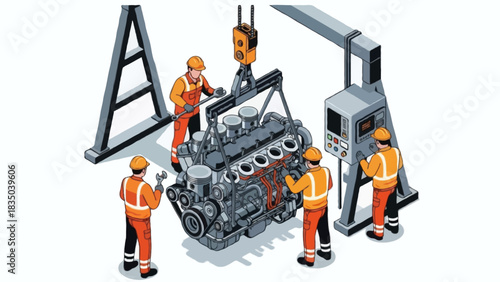 Isometric illustration of two faceless mechanics inspecting a large industrial engine suspended by a hydraulic engine hoist