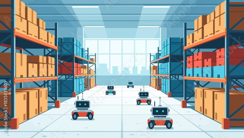 Automated warehouse with autonomous robots managing inventory on shelves, a futuristic vision of logistics and distribution