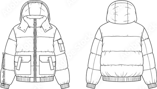 Women's $\text{Casual}$ Cropped Denim Trucker Jacket Technical Fashion Flat $\text{CAD}$ Drawing Vector Illustration with Topstitch Detail and Buttoned Chest Pockets For Design Portfolio $\text{Showca