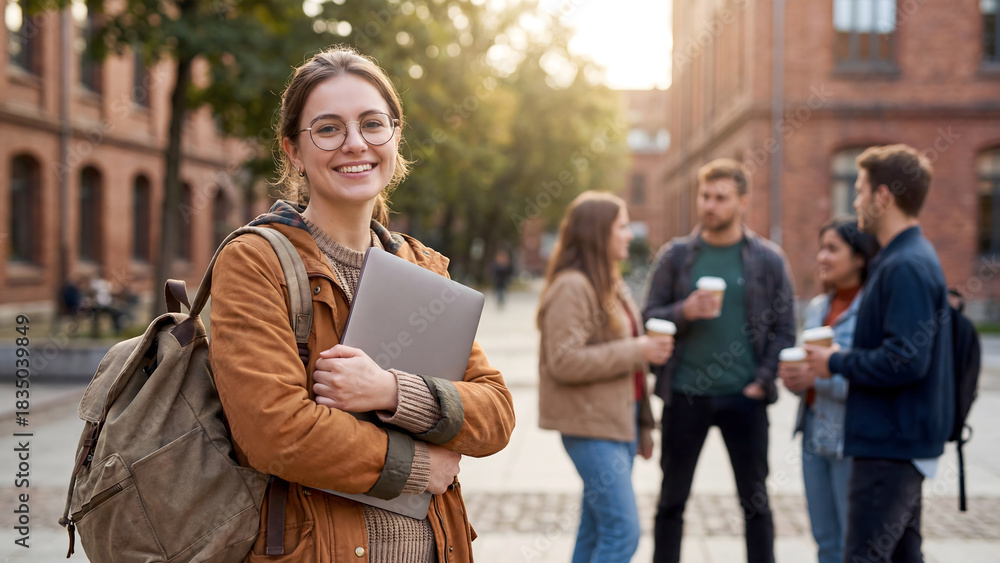 Naklejka premium Modern college lifestyle with student carrying laptop in university campus
