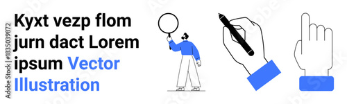 Person holding a speech bubble, hand writing with pen, and hand pointing. Ideal for communication, teamwork, education, creativity, presentation, collaboration simple landing page