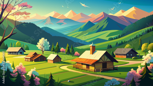 Very beautiful springtime scenery of Cades Cove with lush green fields, rustic historic cabins, distant Smoky Mountain peaks, and soft sunlight creating a peaceful valley framed by nature’s vivid seas