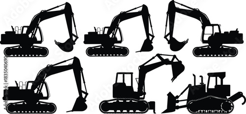 Construction site heavy machinery vector silhouettes set, featuring various hydraulic excavators and bulldozer models for engineering, industrial, and building company graphic design.