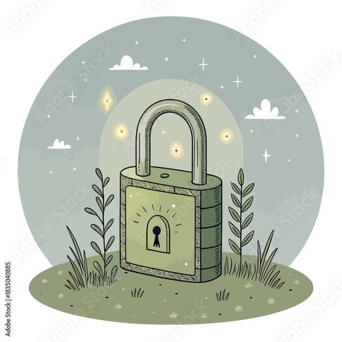 Glowing padlock rests on grassy knoll under starry sky