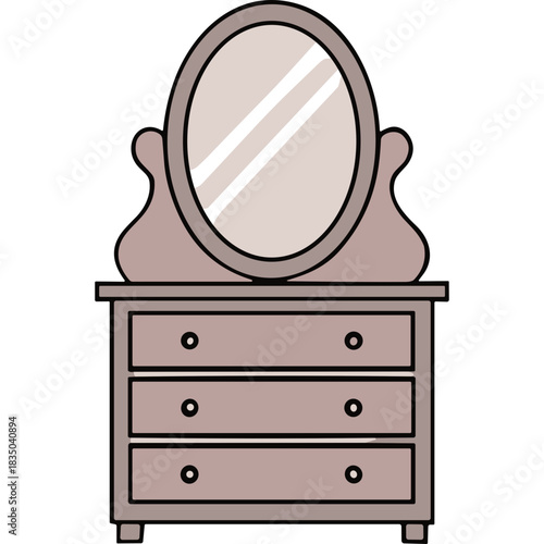 Oval Mirror Top Dresser With Three Drawers In A Neutral Beige Color Palette With Simple Hardware And A Subtle Reflection In The Mirror