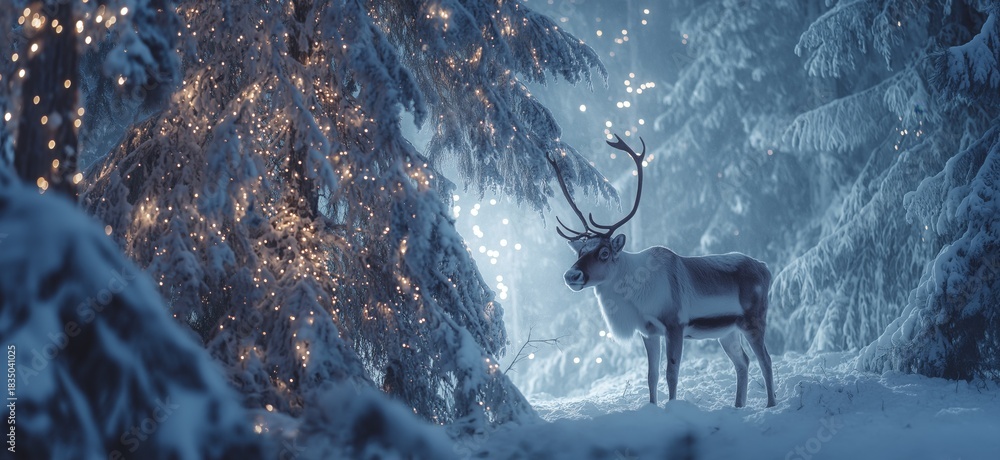 Naklejka premium Reindeer standing in snowy forest with magical Christmas lights. Reindeer standing in deep snow, illuminated by magical Christmas lights in a winter forest