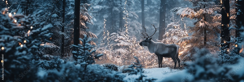 Obraz premium Reindeer standing in snowy forest with magical Christmas lights. Reindeer standing in deep snow, illuminated by magical Christmas lights in a winter forest