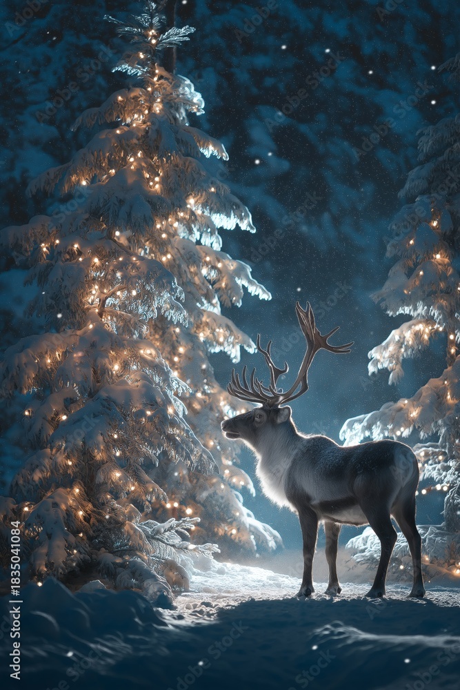 Obraz premium Reindeer standing in snowy forest with magical Christmas lights. Reindeer standing in deep snow, illuminated by magical Christmas lights in a winter forest