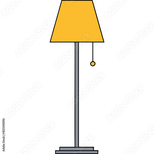 Orange Lampshade Floor Lamp With A Yellow Pull Cord And A Gray Metal Stand Isolated On A Black Background
