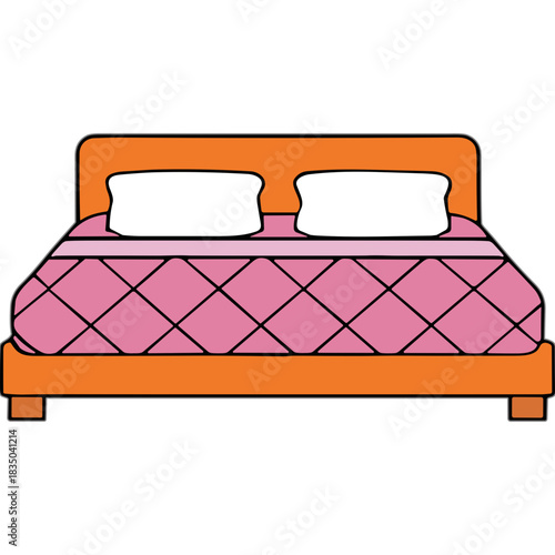 Orange Wood Frame Bed with Pink Quilted Comforter and Two White Pillows Simple Isolated Illustration on Black Background
