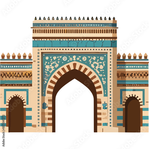 Ornate Ancient Egyptian Style Gateway with Intricate Blue and Tan Geometric Patterns Arched Entrance and Crenellated Battlements against a Black Background Digital Art