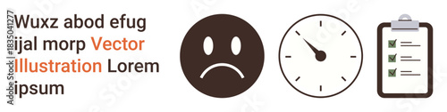 Productivity, time management, work efficiency, task organization, deadlines, evaluation. Sad face, clock checklist clipboard. Productivity and time management concepts for personal and professional