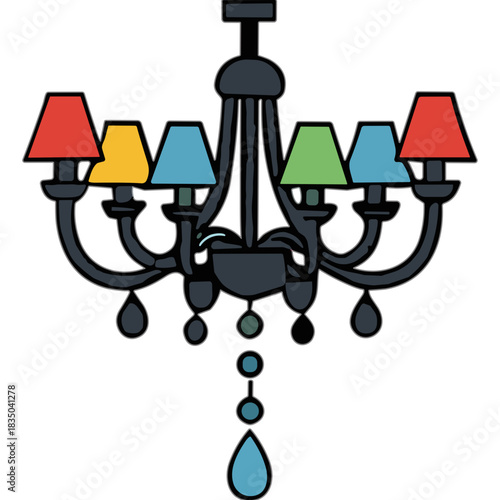 Ornate Black Chandelier With Six Arms Each Holding A Colored Lampshade And Hanging Crystal Accents Illuminated By Warm Light