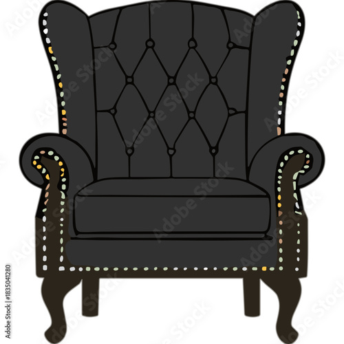 Ornate Black Tufted Wingback Armchair with Decorative Studs and Dark Wood Legs Elegant Vintage Furniture Piece in a Studio Setting