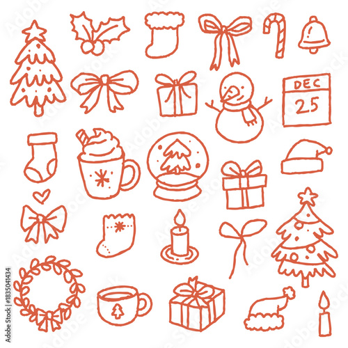 Cozy Warm Tone Christmas Doodle Vector Set Minimal Outline Illustration Hand Drawn Simple Holiday Collection Orange Peach Trendy Graphic Design Element