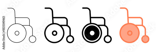 Set of minimalist wheelchair icons with transparent background, depicting mobility aids, accessibility symbols, disability assistance, and healthcare equipment, vector illustration
