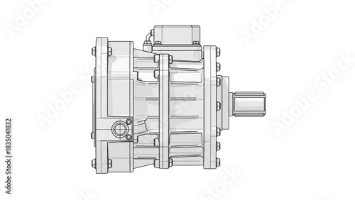 Technical Illustration of Industrial Gearbox Component in Engineering Design with Side View on White Background
