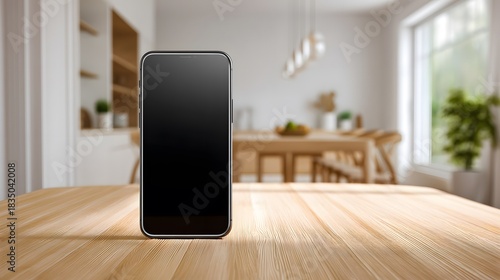 Smartphone on Wood Table in Bright Kitchen