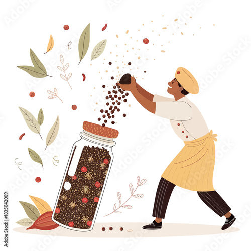 Indian chef adding peppercorns to spice jar