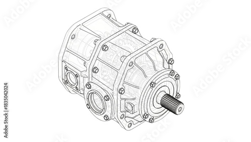 Technical 3D Illustration of Industrial Gearbox Mechanical Component with Detailed Line Art View for Engineering Design