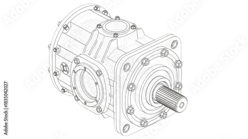 Technical 3D Illustration of Industrial Gearbox with Shaft, Mechanical Component, Isometric View, Engineering Design Concept