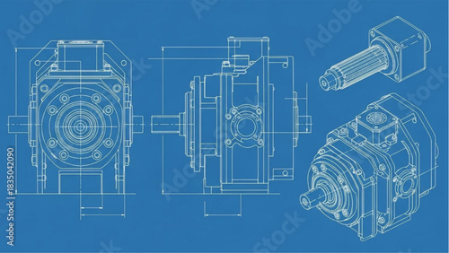 Technical blueprint of mechanical gearbox, engineering design, detailed schematic view for industrial machinery, digital graphic in blue background