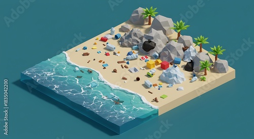 Colorful Low Poly Beach Scene with Rocks Palm Trees and Ocean View