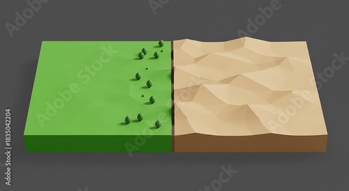 Miniature Landscape Model with Green Field and Sandy Desert Scene for Educational or Design Use