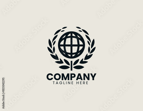 Elegant olive branch surrounds globe forming symbolic black vector logo illustration
