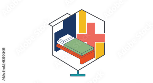 Isometric illustration of a hospital room bed inside a hexagonal frame featuring medical cross and colorful abstract shapes, isolated on