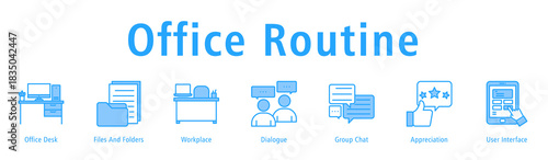 Banner showing daily office routines through desks, files, dialogues, chats and UI.