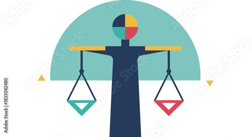 Abstract illustration of a stylized figure holding a set of balanced scales, symbolizing justice, equality, and equilibrium, isolated on
