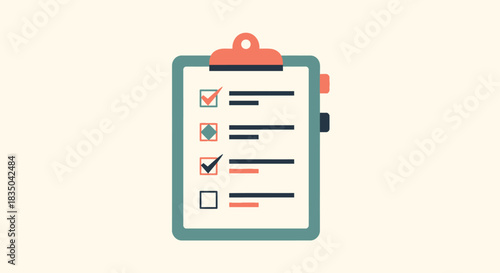 Flat design illustration of a clipboard with a checklist showing completed and pending tasks against a plain, light background