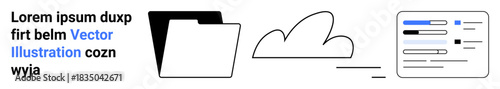File management, cloud technology, digital storage, data sharing, online storage, interface design. Black folder, a cloud icon and a stylized data interface. File management and cloud technology