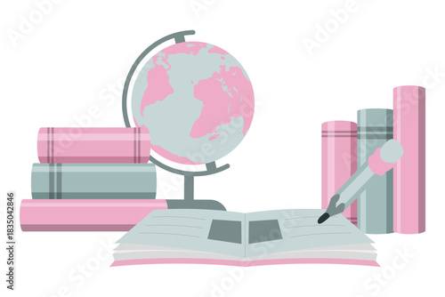 Back to school. Textbooks, a globe, an open book, a pencil on a gray background.