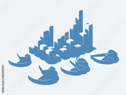 Abstract Blue SciFi City Island with Surrounding Futuristic Flying Ships.