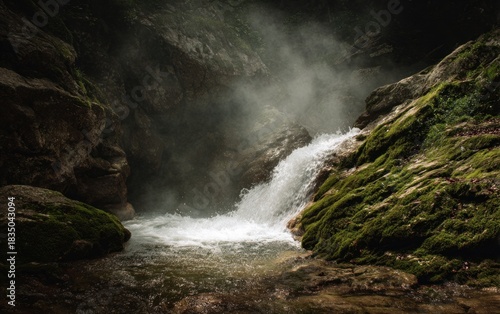 Waterfall cascading through mossy rocks under atmospheric lighting