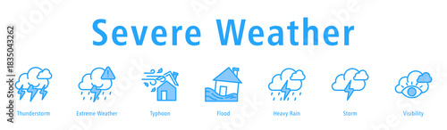 Severe Weather web banner icon vector illustration with icons of Thunderstorm, Extreme Weather, Typhoon, Flood, Heavy Rain, Storm, and Visibility.