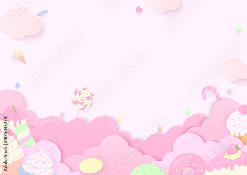 Pastel dessert on pink cloud background