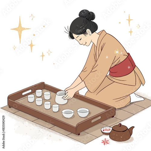 Japanese woman serving tea from a wooden tray