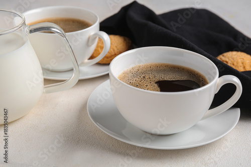 Fresh black coffee in white...