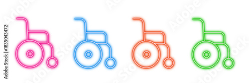 Neon glowing wheelchair vector icons set, accessibility, disability, medical, hospital, mobility aid, healthcare, vibrant colorful digital design illustration on transparent background.