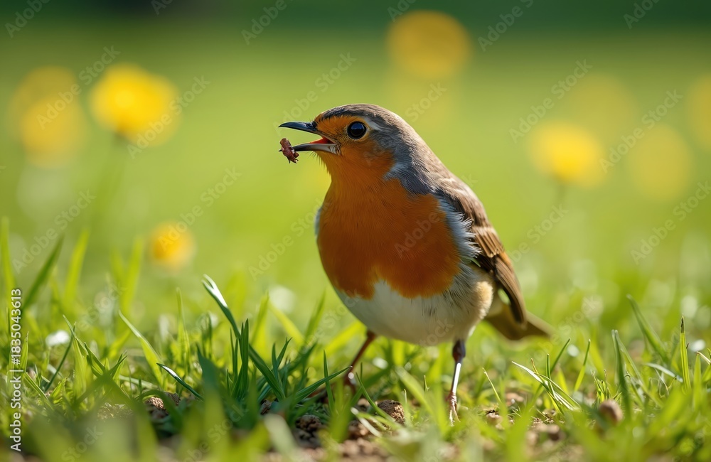 Fototapeta premium Robin bird with worm in beak stands on green grass. Small bird in nature with orange chest, feathery wings, looking for food on sunny day. Backyard wildlife.