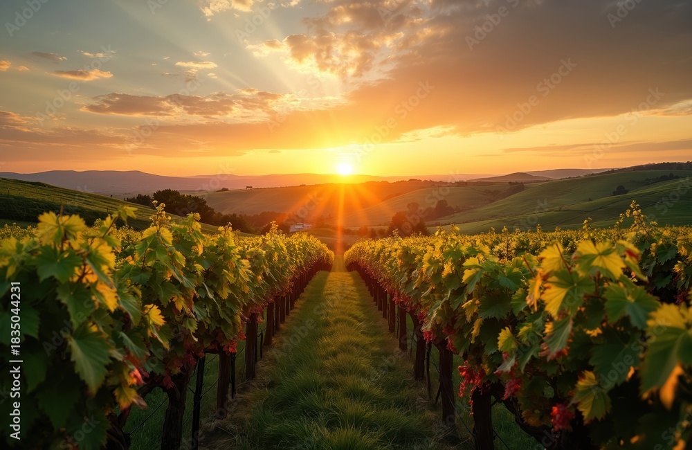 Naklejka premium Golden sunset illuminates vineyard pathway stretching into rolling hills. Rows of grapevines laden with ripe fruit create vibrant scene in rural landscape. Warm light reflects off leaves,